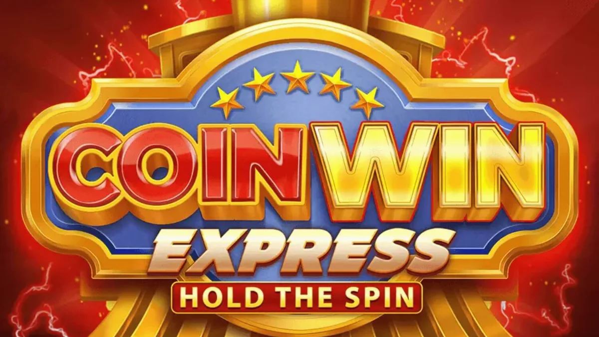 Tampilan visual slot Coin Win Express dengan latar belakang kereta api dan simbol koin emas.